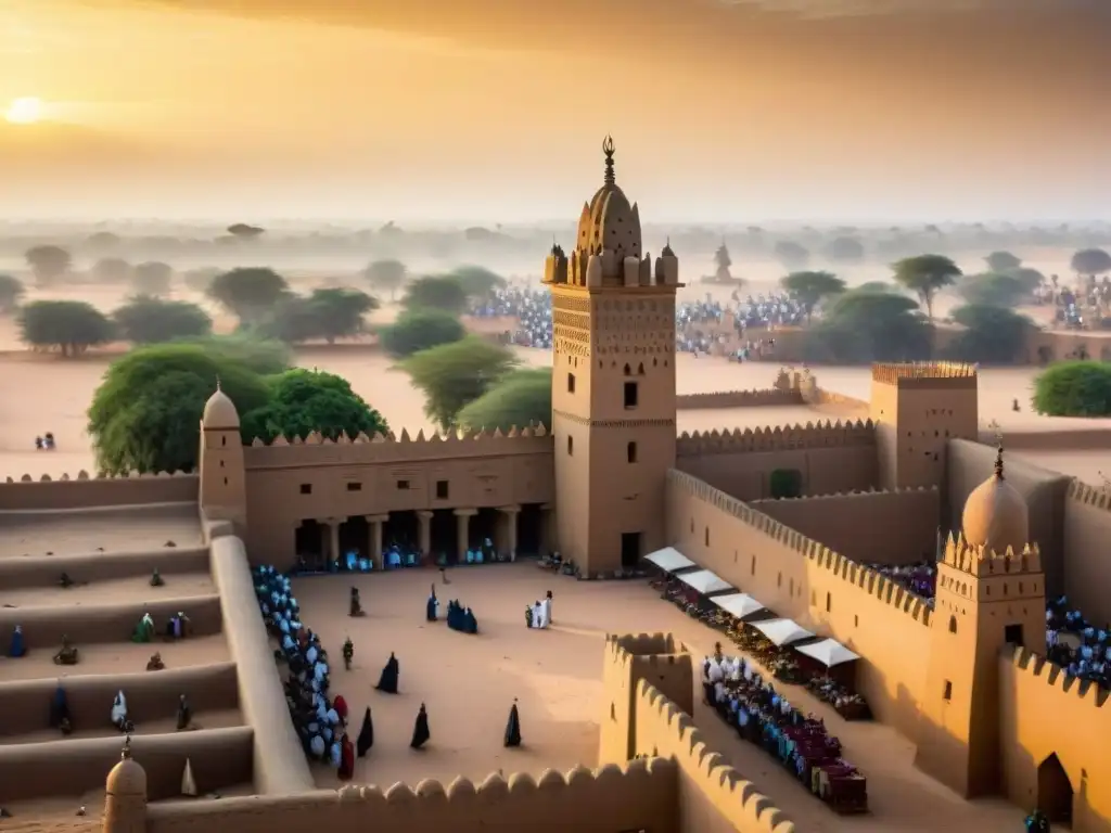 Un atardecer vibrante en la Gran Mezquita de Djenné en Mali, mostrando la arquitectura única islámica y sudanosaheliana