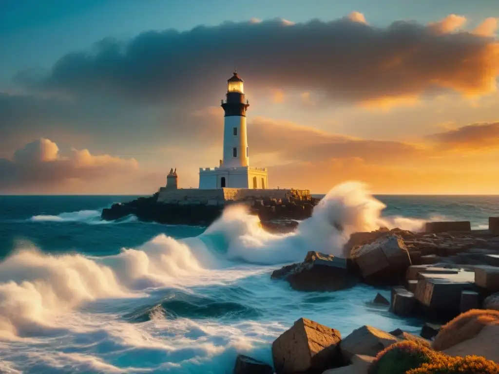 Un atardecer vibrante resalta la majestuosidad del antiguo Faro de Alejandría, símbolo de innovación y guía marítima