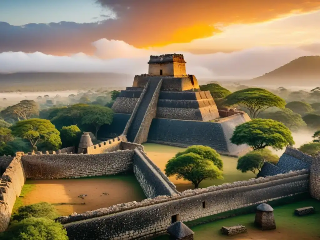 Un atardecer vibrante en Great Zimbabwe: murallas de piedra, torre cónica y misteriosa historia de 'Mitología en antiguos reinos africanos'