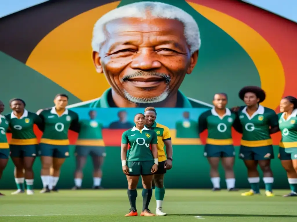 Atletas africanos inspirados por historia en campo de rugby con mural de Mandela