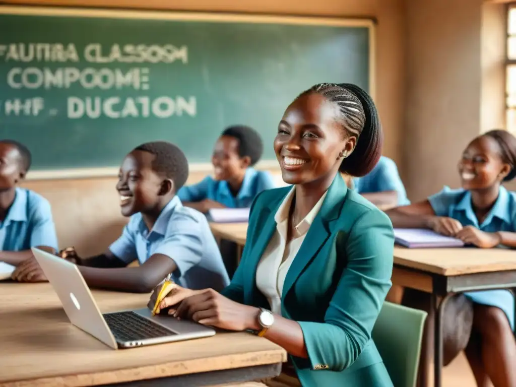 Una aula africana bulliciosa y tecnológica con estudiantes de diferentes edades y orígenes colaborando en proyectos educativos digitales