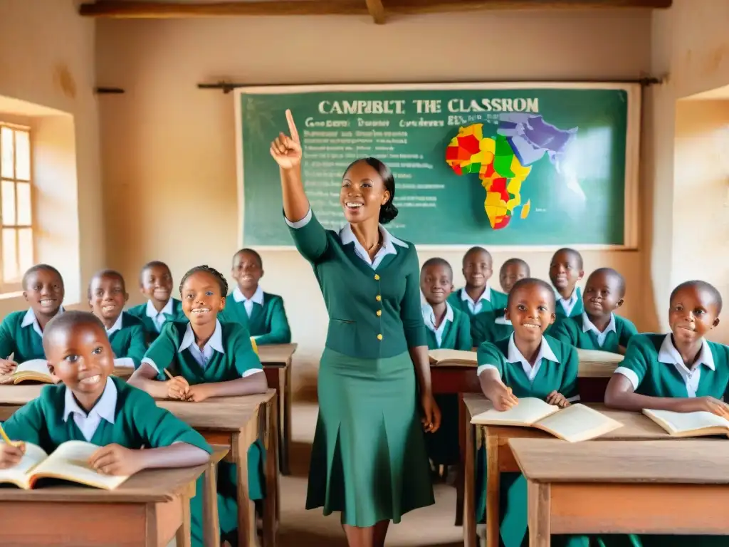 Una aula africana llena de alumnos curiosos y un profesor apasionado, resaltando el impacto de una ONG en la educación de África