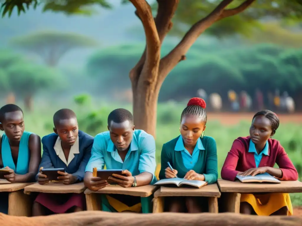 Un aula al aire libre en África, con estudiantes usando tecnología rodeados de naturaleza