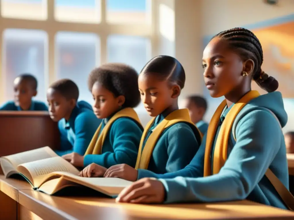 Un aula diversa de niños leyendo libros sobre civilizaciones africanas