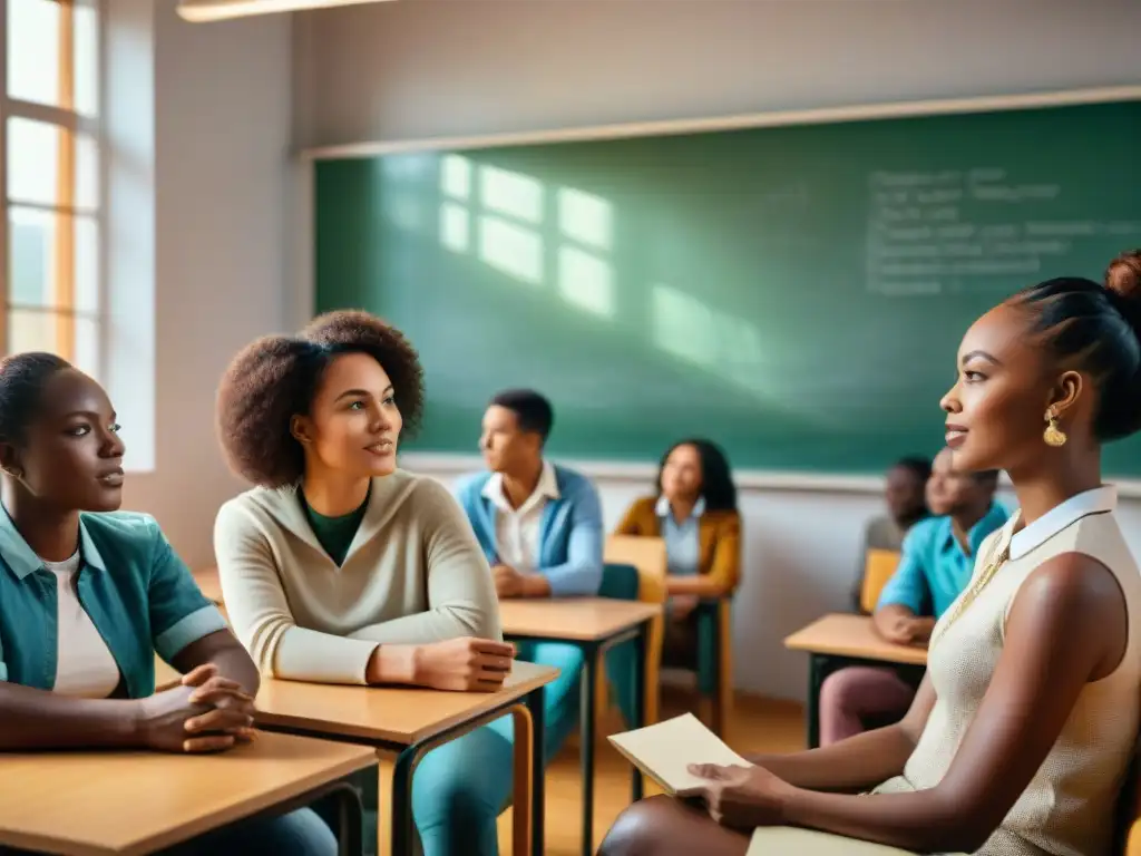 Un aula inclusiva en África: estudiantes diversos participan activamente en la educación, promoviendo igualdad de género y clase