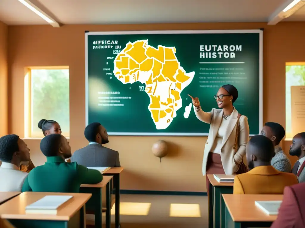 Un aula moderna en África donde estudiantes aprenden sobre civilizaciones africanas con plataformas educativas