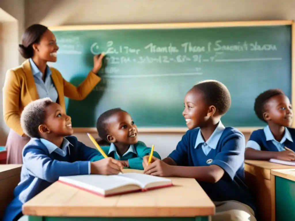 Un aula en África con niños y maestro entusiastas aprendiendo juntos