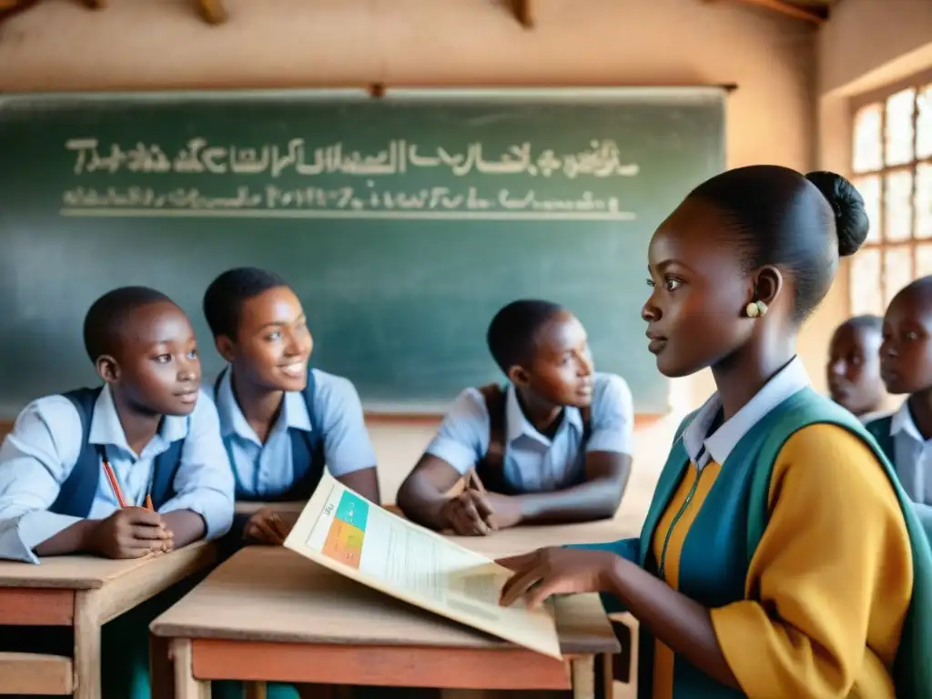 Un aula rural en África con estudiantes y plataforma de IA para educación