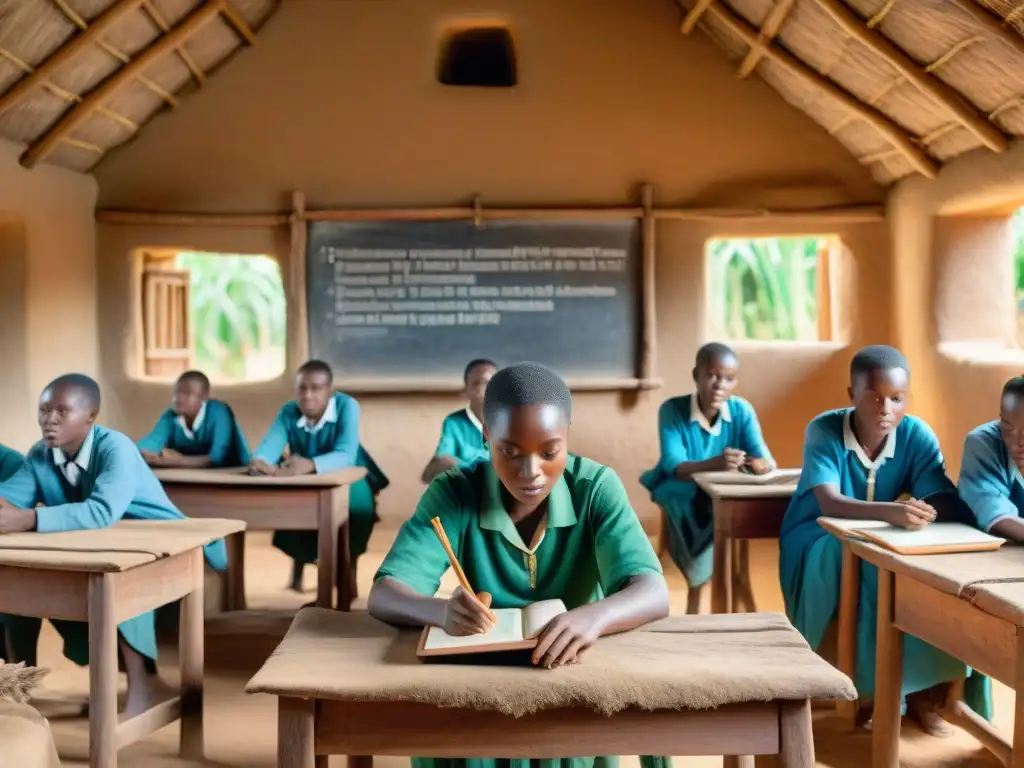 Un aula rural en África, donde jóvenes estudiantes usan tabletas para aprender, combinando tradición y educación digital en África