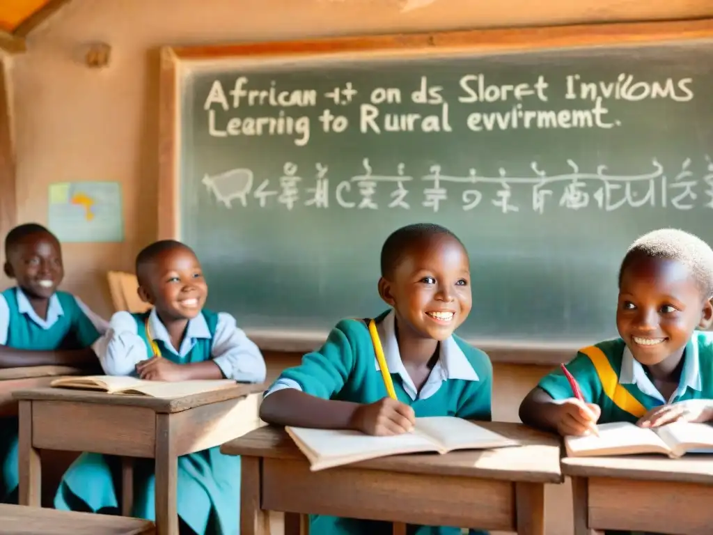 Un aula rural en África: niños atentos a la lección, decoración colorida, luz solar