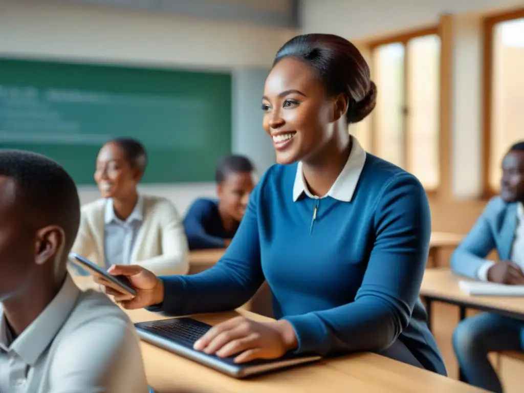 Un aula tecnológica en África, alumnos atentos interactúan con dispositivos, profesor enseña contenido digital en pizarra