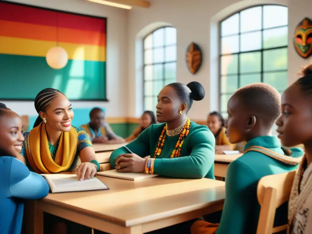 Un aula vibrante con niños de ascendencia africana inmersos en un debate educativo, rodeados de arte africano