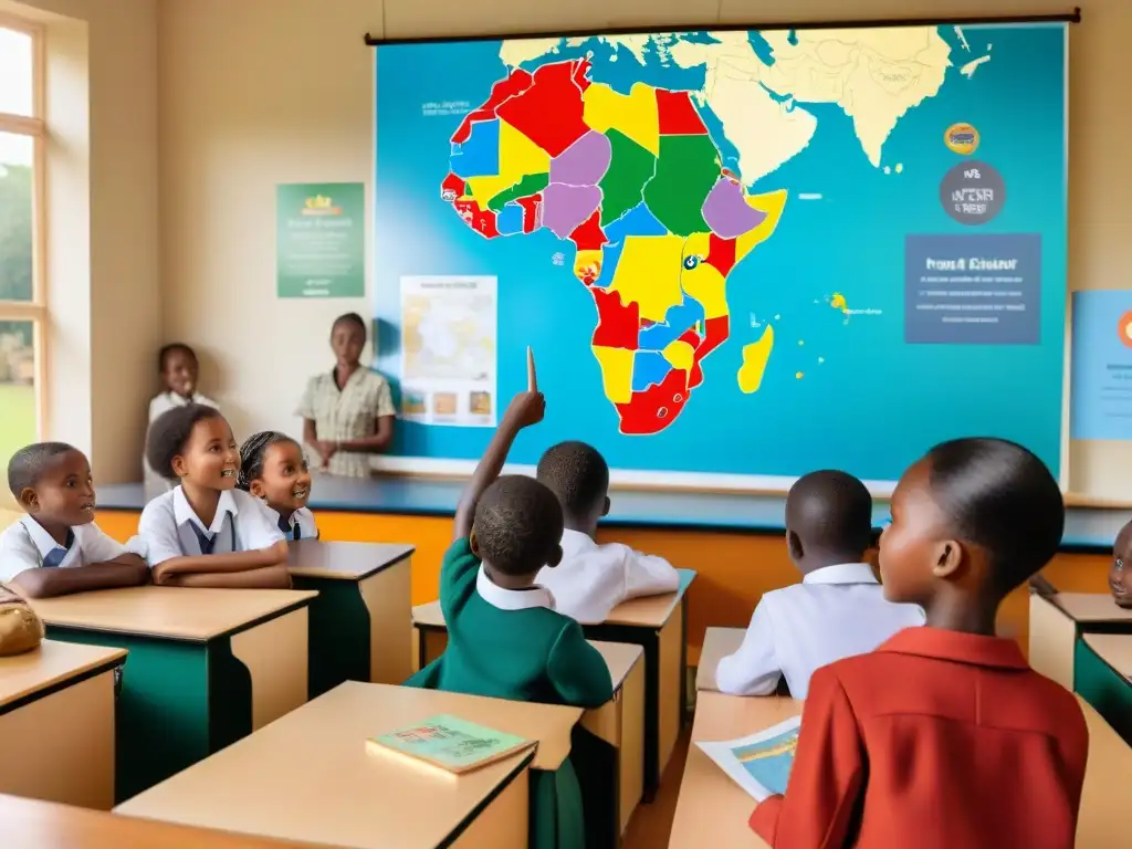 Un aula vibrante con niños diversos aprendiendo sobre África, guiados por un maestro africano