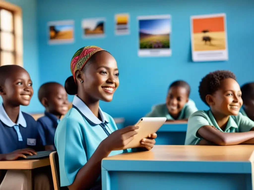 Avances tecnológicos en la educación de África: niños africanos interactúan con tablets y laptops en aula colorida y equipada, mientras maestra sonríe