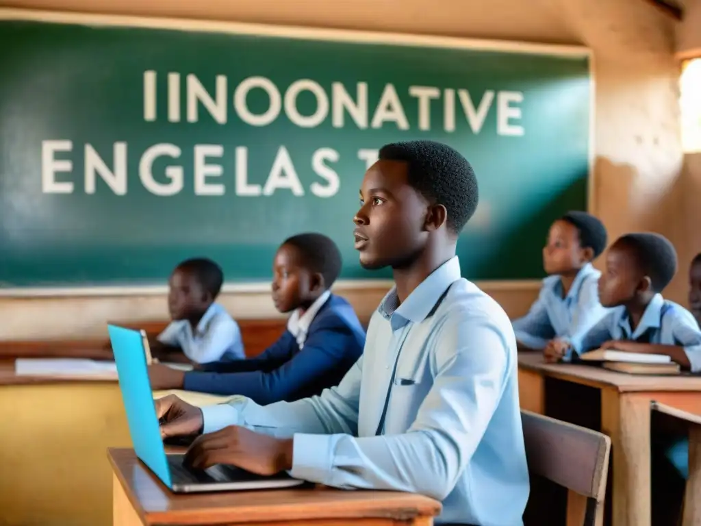 Avances tecnológicos en la educación en África: aula iluminada con estudiantes atentos a la lección del profesor utilizando herramientas innovadoras