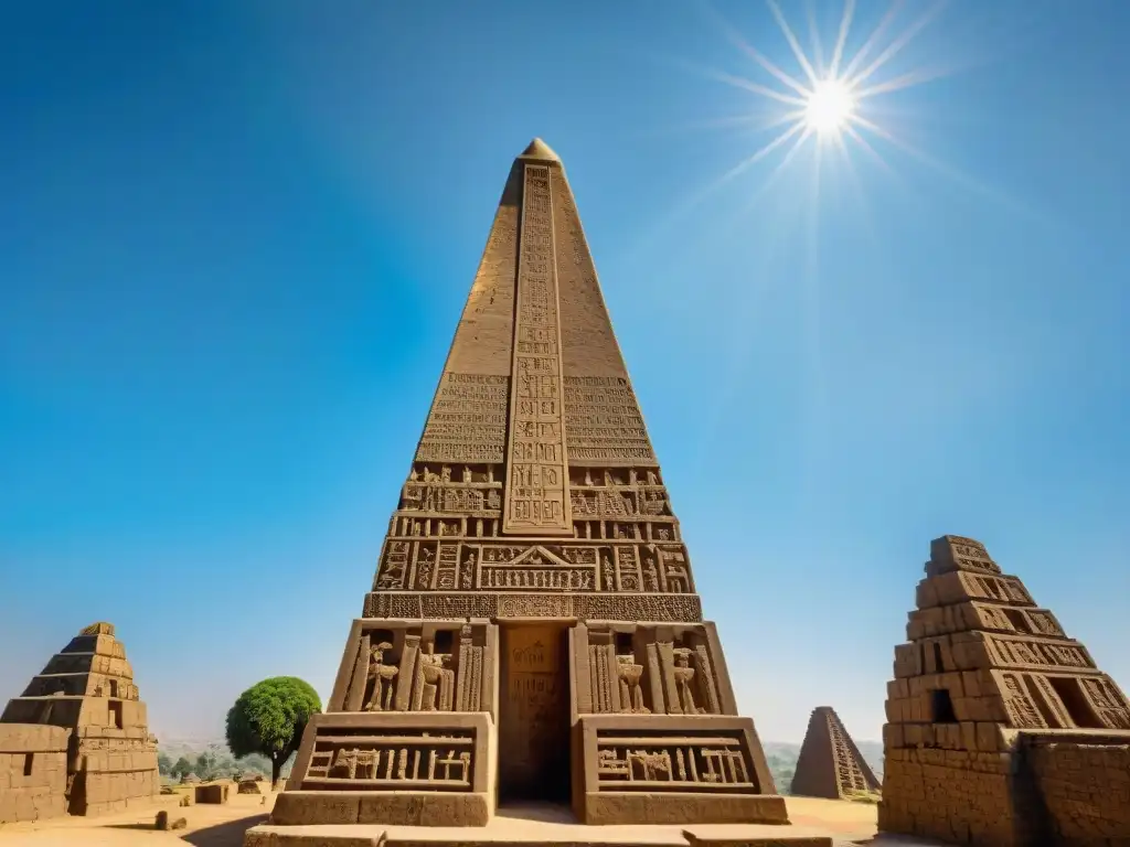 Construcción obeliscos axumitas: Obelisco de Axum majestuoso con intrincadas tallas y jeroglíficos, iluminado por el sol en un cielo azul