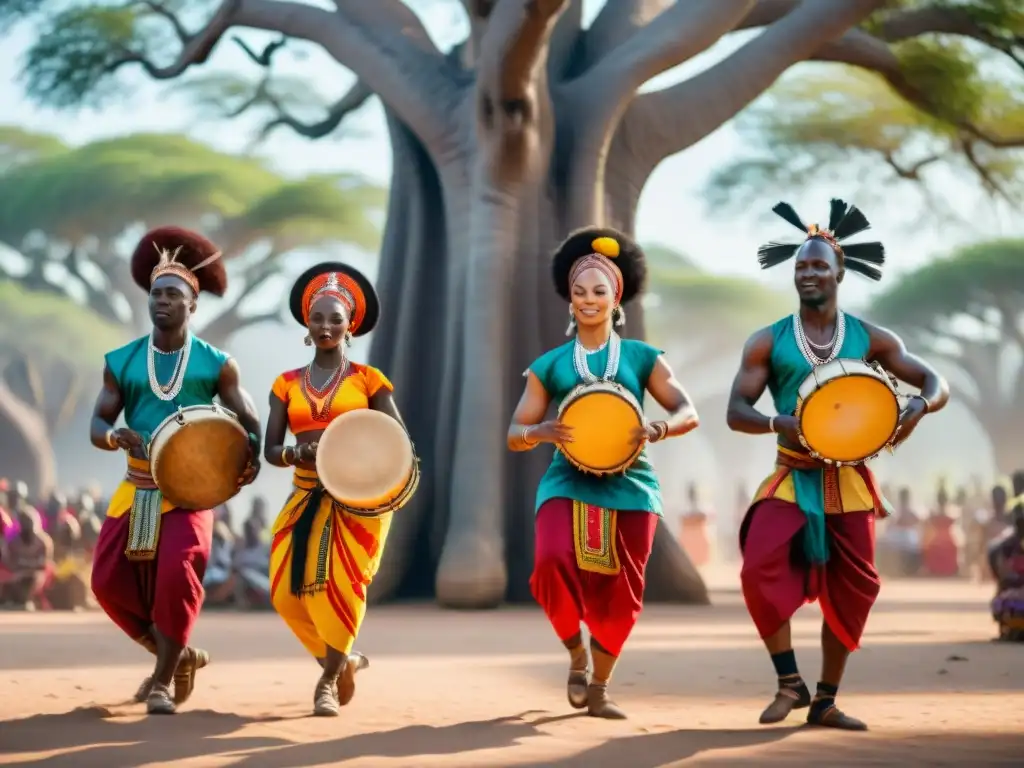 Bailarines africanos en ritual bajo baobab, expresando significado bailes rituales africanos