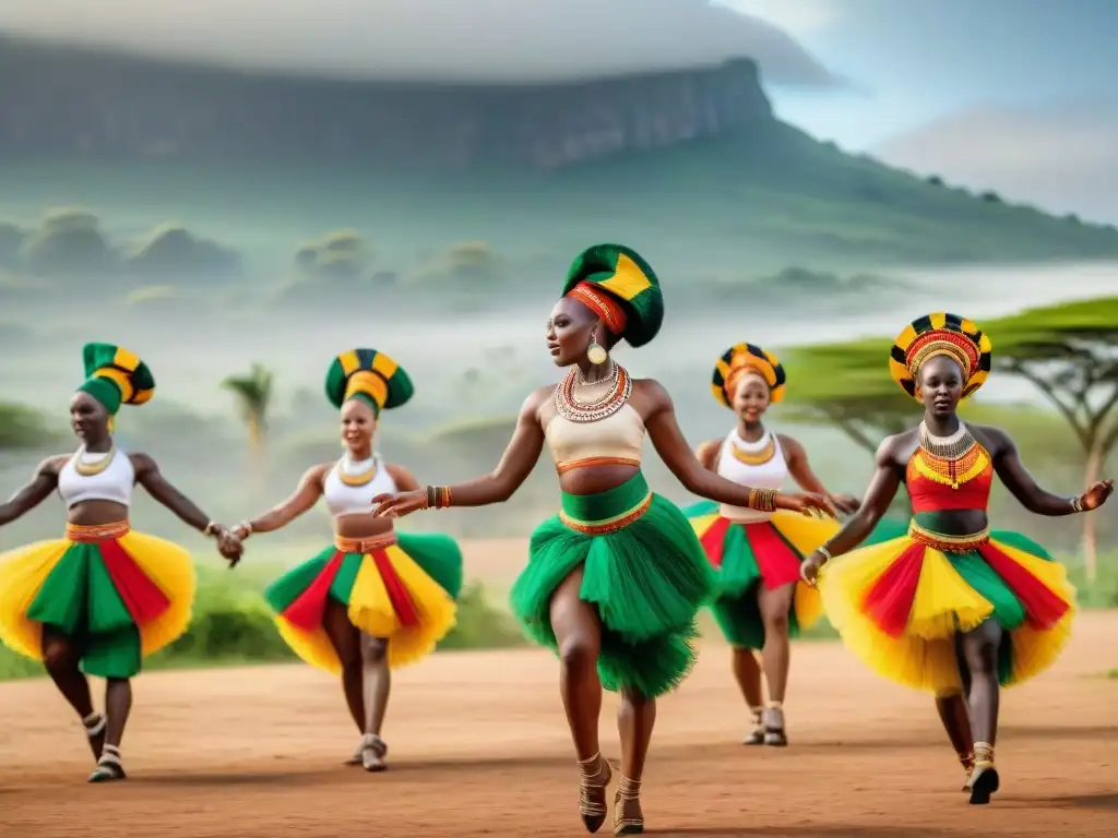 Bailarines africanos en trajes vibrantes realizando una rutina poderosa bajo el sol brillante