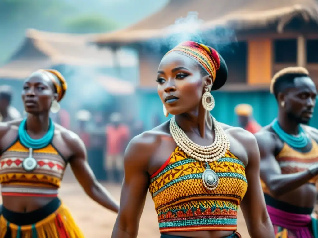 Un baile africano lleno de tradición y narrativa, con colores vibrantes y patrones intrincados