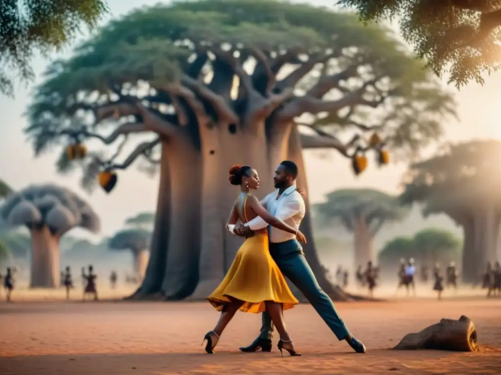 Baile de kizomba bajo árbol baobab al atardecer, mostrando origen y evolución de la kizomba