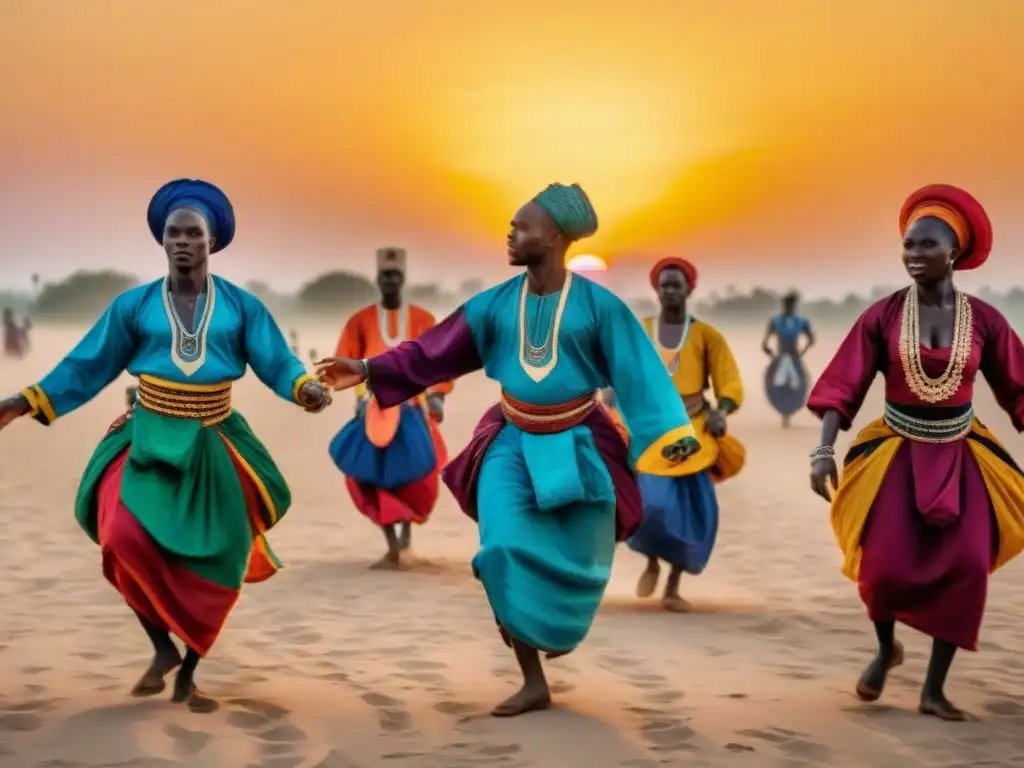 Baile tradicional Senegambiano con vibrantes colores y movimientos, reflejando la cultura y legado de Senegambia