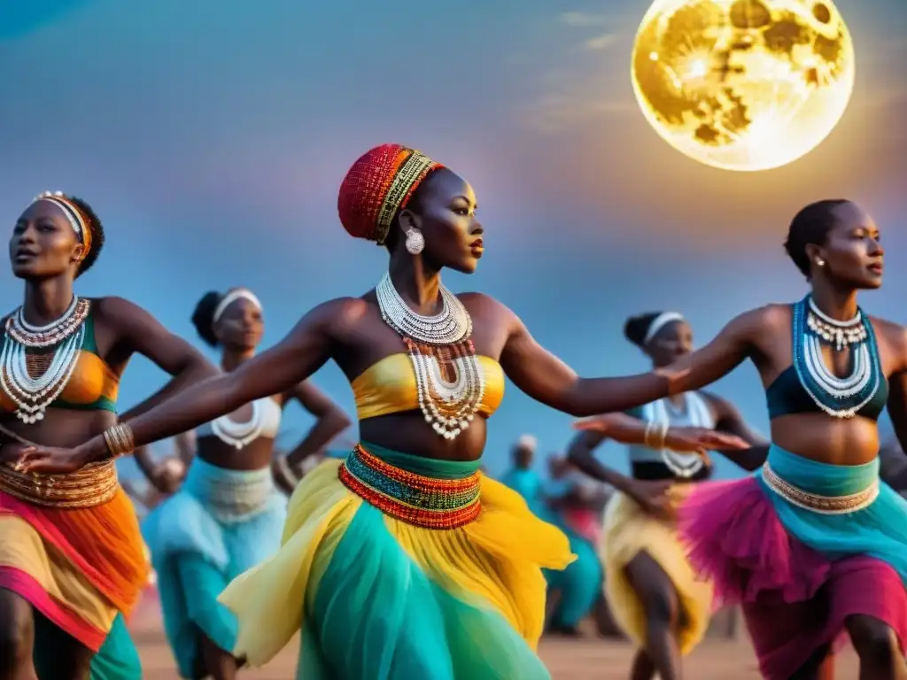 Baile vibrante en festivales de luna llena en África, con trajes coloridos y espectadores asombrados