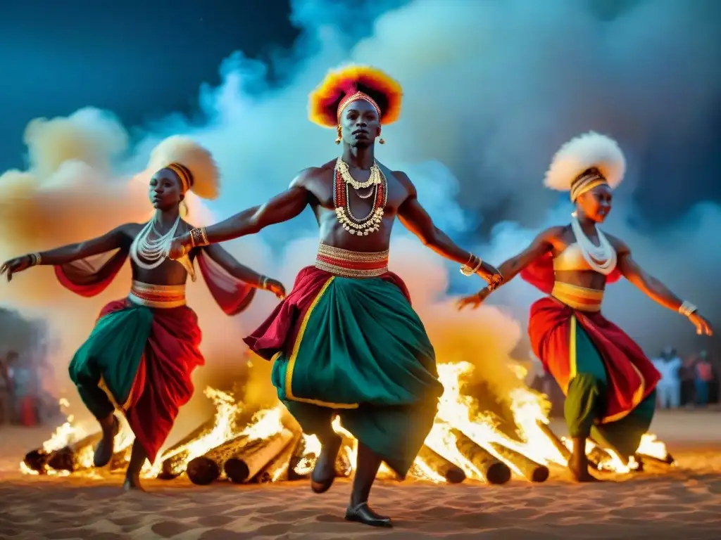 Bailes rituales africanos: Grupo danzantes adornados en atuendos vibrantes, movimientos capturados en el aire alrededor de fogata en la noche