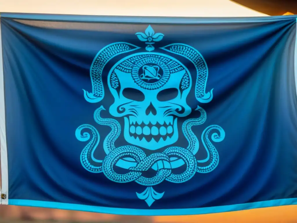 Bandera vudú pintada a mano de Benín con patrones azules simbolizando espiritualidad y protección en rituales vudú