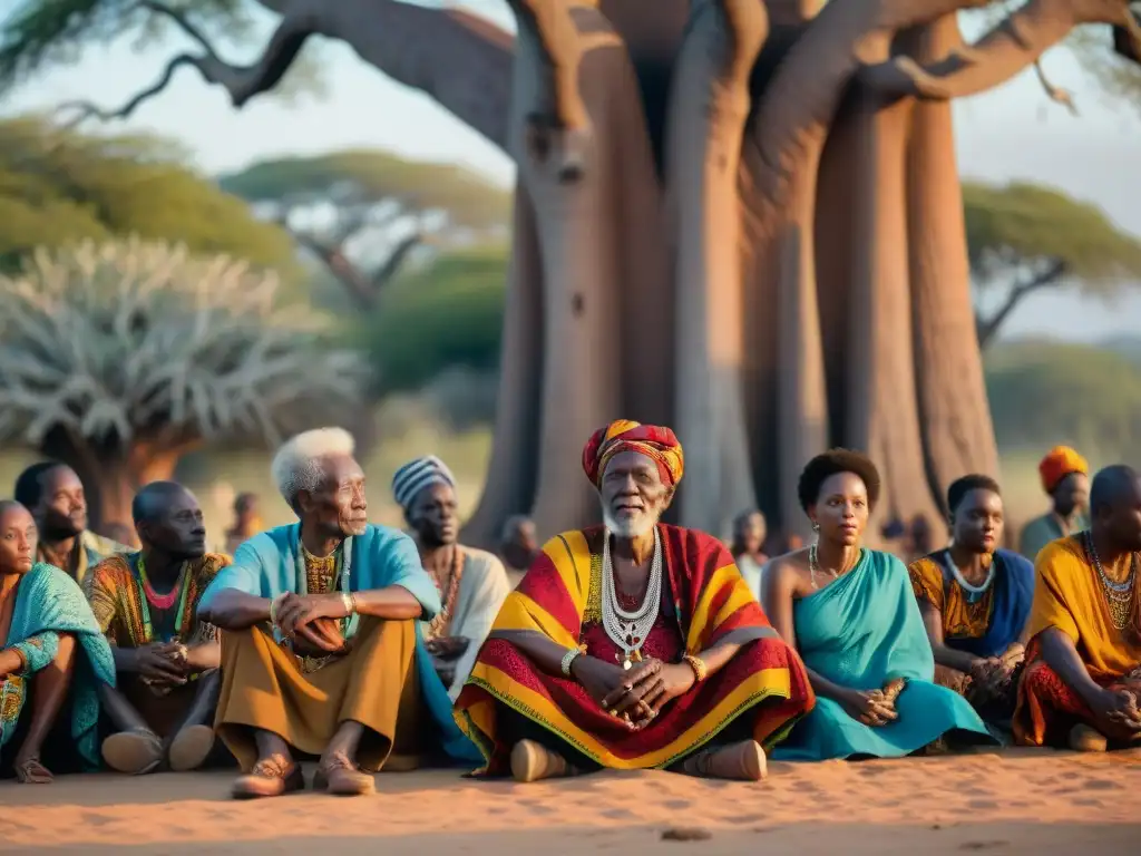 Bajo el baobab, un anciano griot africano cautiva con relatos orales historia civilizaciones africanas al atardecer