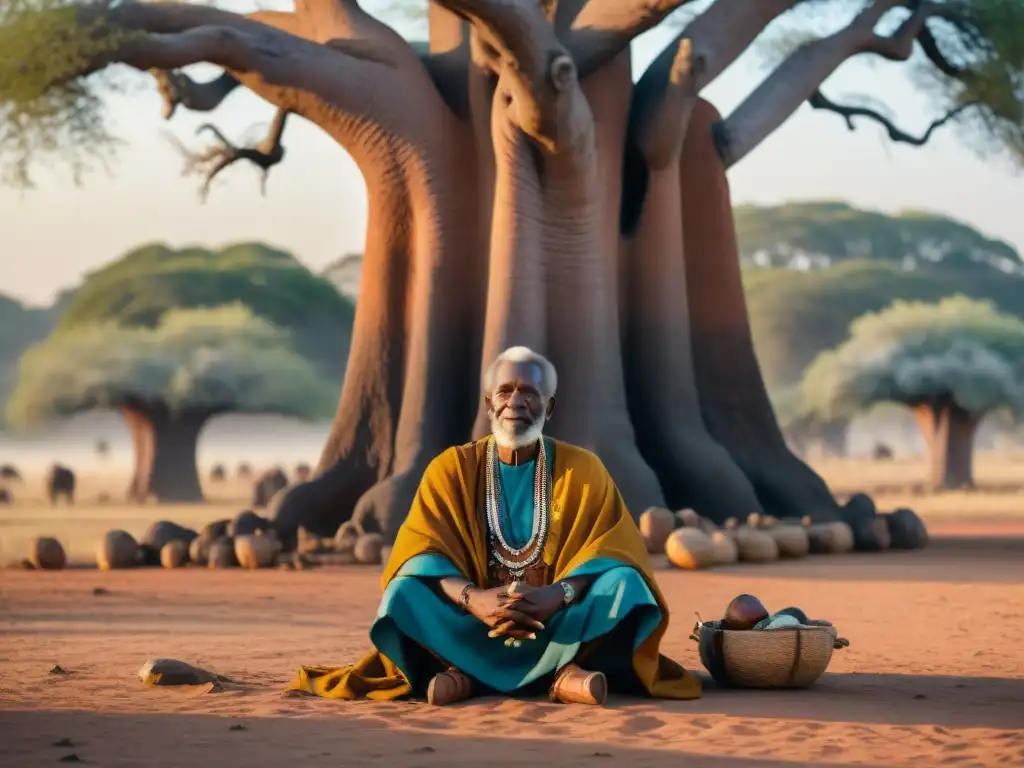 Bajo el baobab, el anciano griot relata historias africanas, cautivando a su diverso público con sabiduría y tradición