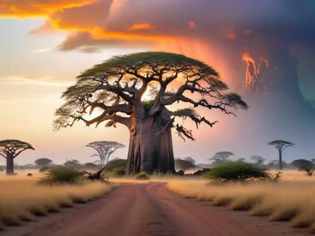 Un baobab majestuoso se yergue en una serena sabana africana al atardecer, con entidades espirituales en África