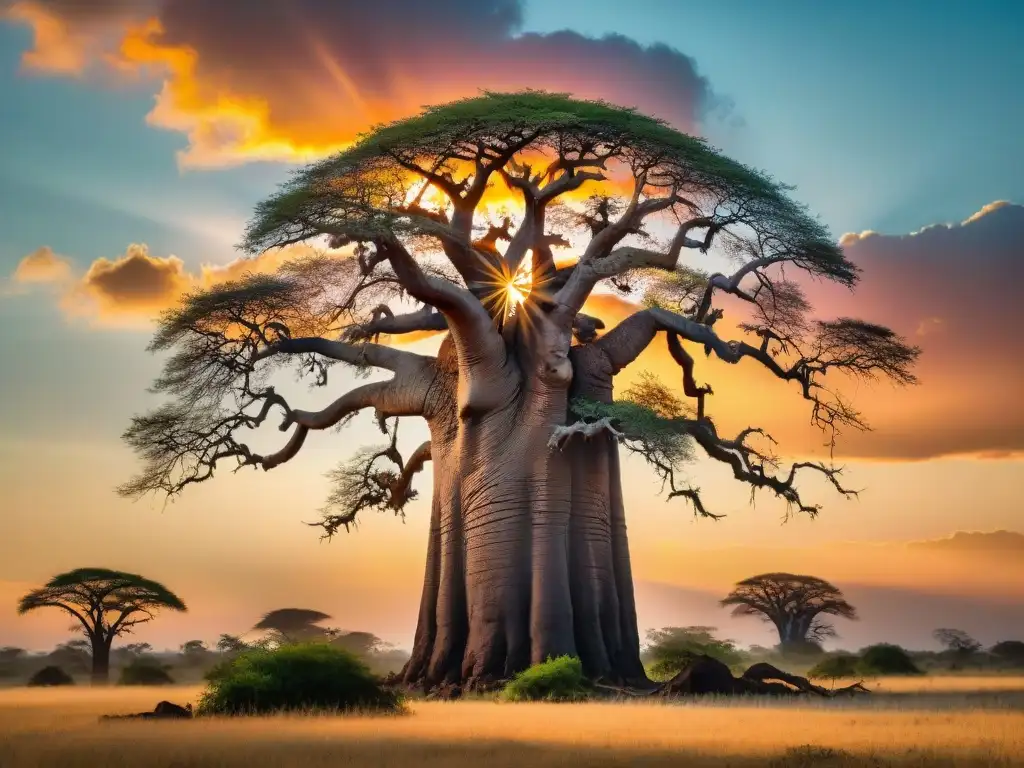 Un baobab majestuoso se yergue contra un vibrante atardecer africano, simbolizando la historia y las civilizaciones africanas influencia global