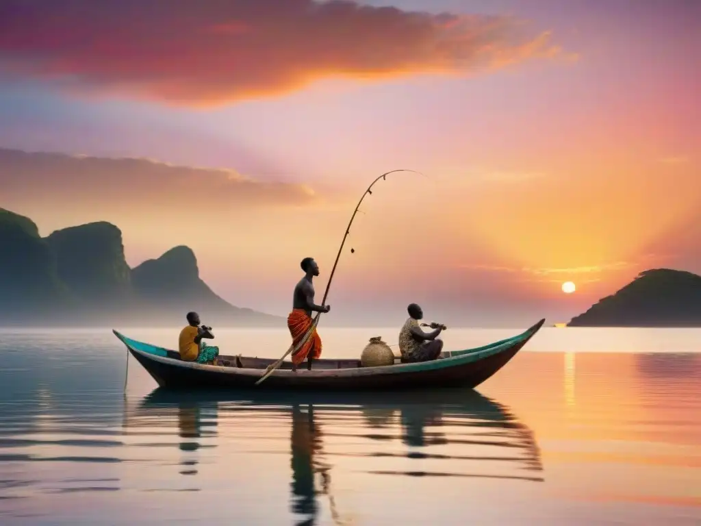 Barca de pesca africana con simbolismo cultural navegando al amanecer en aguas tranquilas