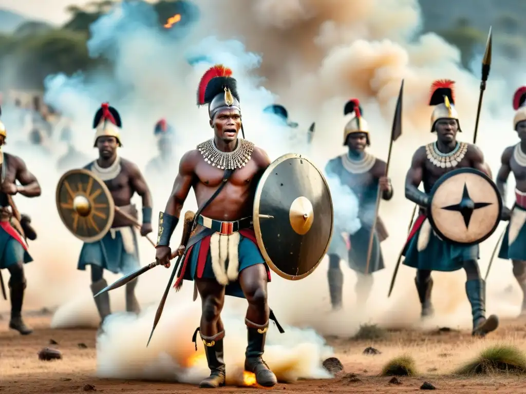 Batalla épica entre guerreros Zulú y soldados británicos, mostrando tácticas de guerra en África