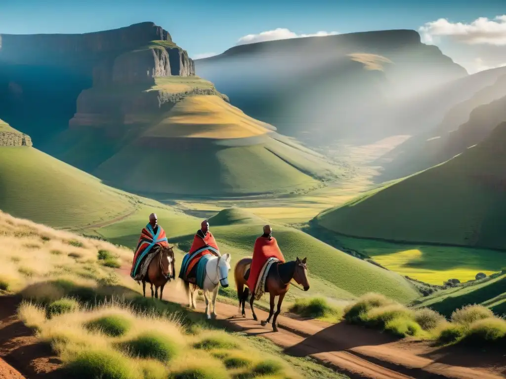 Batalla por la independencia Lesotho: Basotho cabalgan en paisaje montañoso, mostrando su resiliencia y herencia