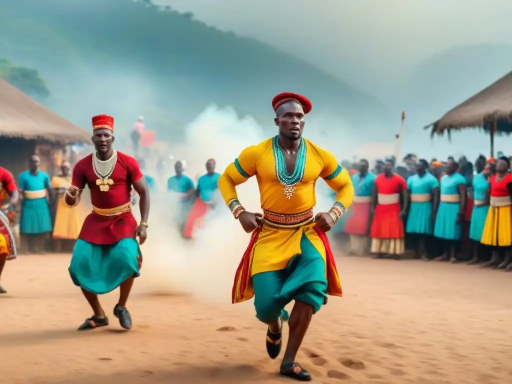 Batallas de danza en África: Grupo de bailarines compitiendo con energía en trajes tradicionales, al ritmo de tambores en una plaza polvorienta