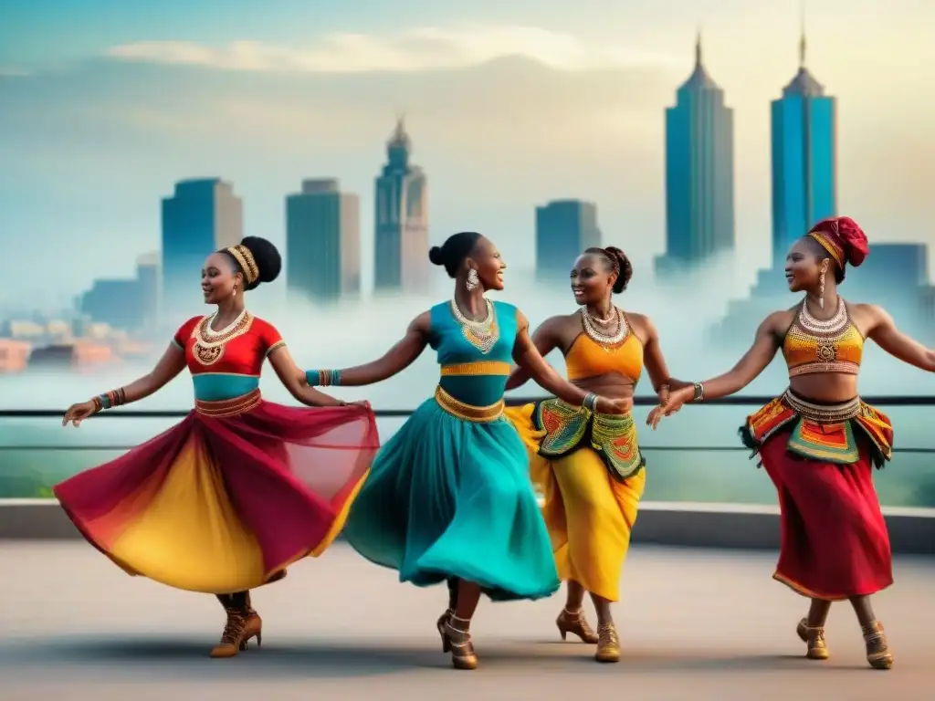 Batallas de danza en África: Jóvenes bailarines en vibrantes atuendos tradicionales compiten con movimientos precisos bajo el cielo abierto de una bulliciosa ciudad africana