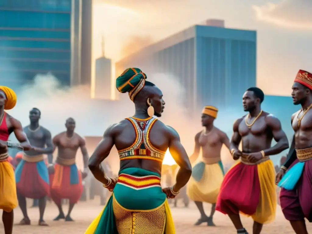 Batallas de danza en África: Baile tradicional en vibrante plaza africana al atardecer, entre modernidad y tradición