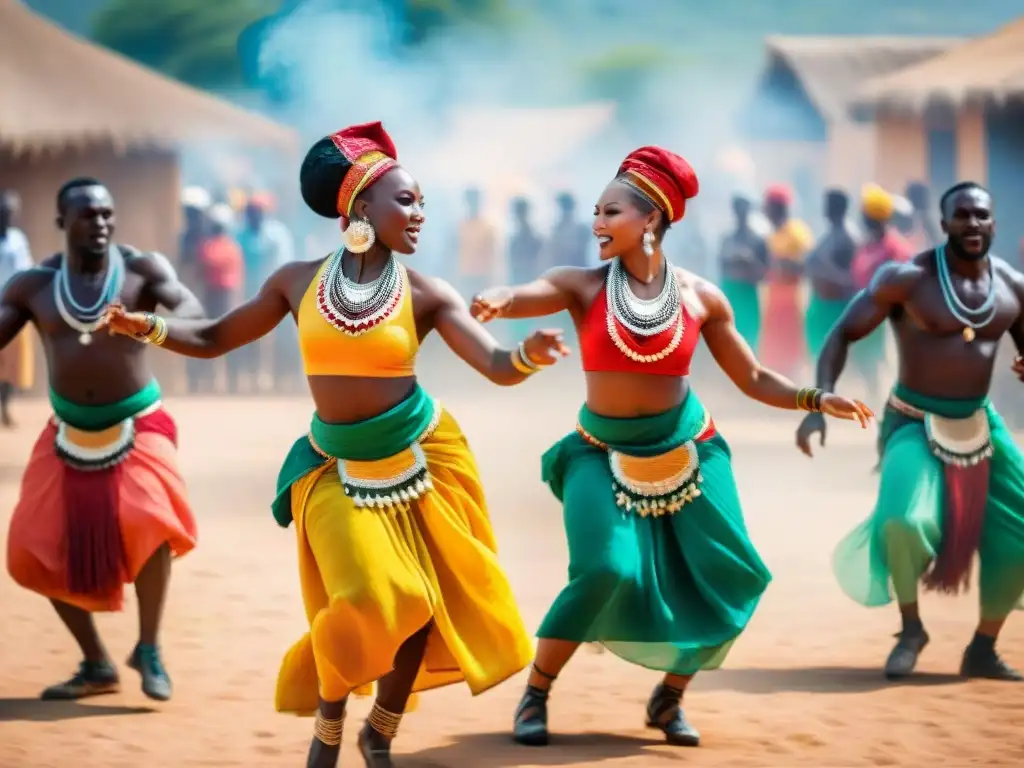 Batallas de danza en África: Vibrantes bailarines compiten bajo el sol enérgicamente, con espectadores animados alrededor