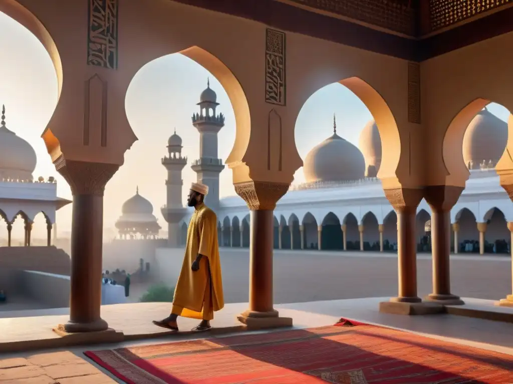 La belleza y legado del Islam en África se reflejan en una antigua mezquita con detalles arquitectónicos islámicos, rodeada de un bullicioso mercado africano bajo la cálida luz dorada del atardecer