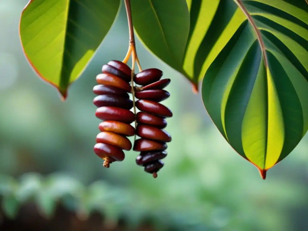 Los beneficios del tamarindo africano para la salud se reflejan en esta imagen: frutas maduras colgando de un árbol exuberante en un entorno tropical