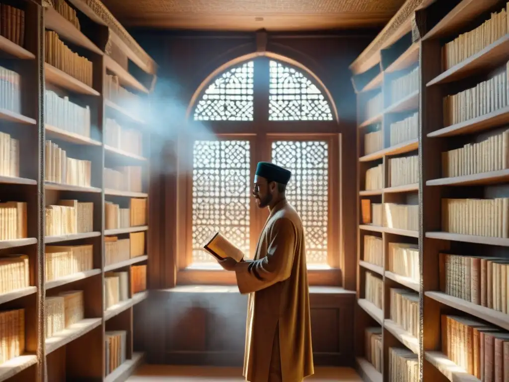 Una biblioteca antigua en Timbuktu con manuscritos del Sahel literatura africana bañados en luz suave