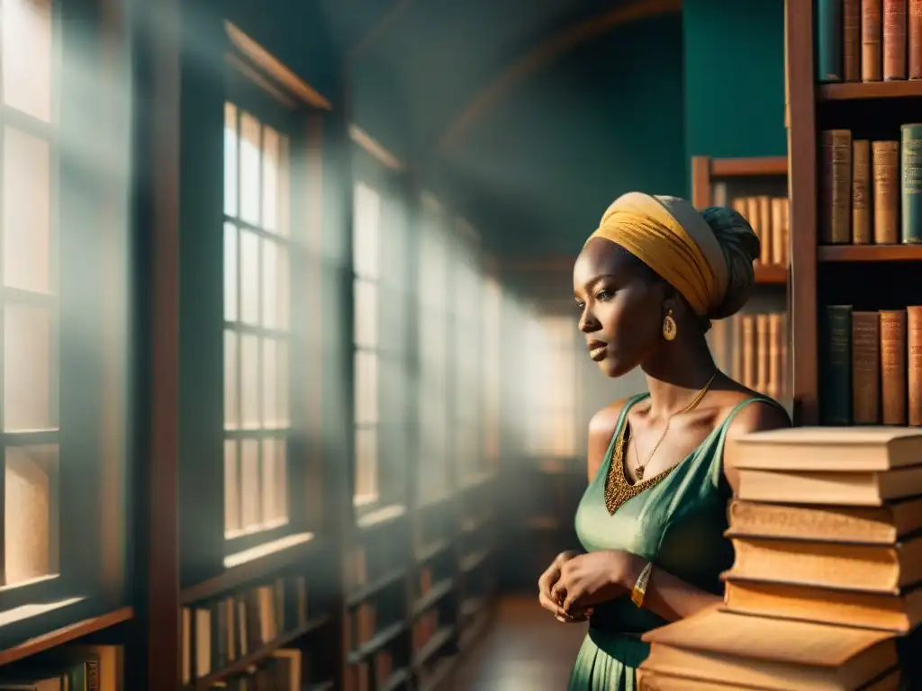 Una biblioteca tenue repleta de libros antiguos de literatura africana, con una atmósfera de misterio y descubrimiento