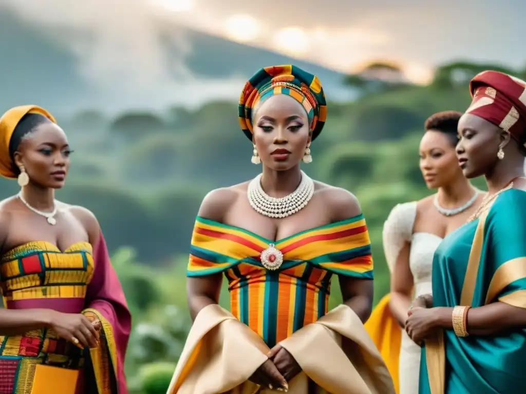 Una boda africana tradicional con influencia moda nupcial africana: la novia lleva un vestido de Kente rodeada de ancianos que le bendicen