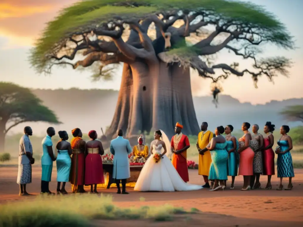 Una boda tradicional africana bajo un baobab, con colores vibrantes y danzas al ritmo de tambores