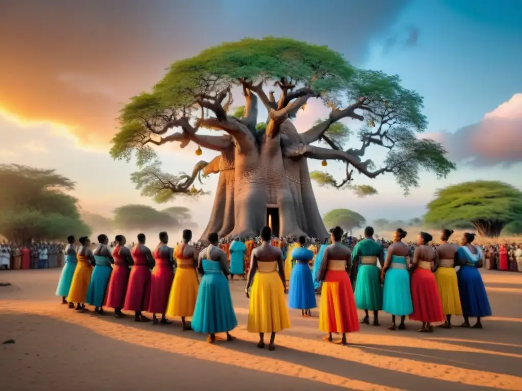 Una boda tradicional africana llena de color, danzas y celebración bajo un baobab