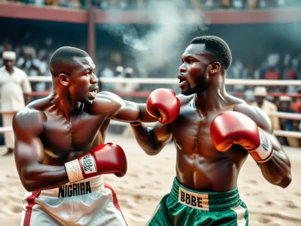 Dos boxeadores nigerianos de Dambe en un combate intenso, rodeados de espectadores en un arena polvorienta