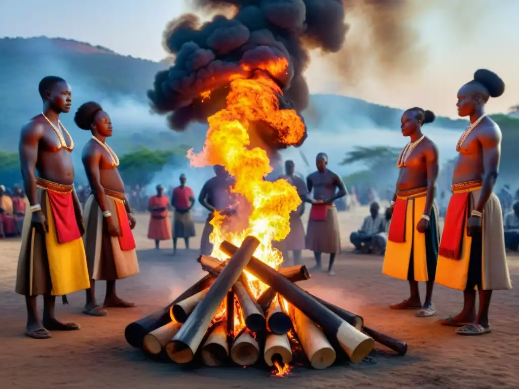 Brillante ceremonia africana alrededor de fogata, expresando comunidad, espiritualidad y el significado simbolismo fuego arte africano