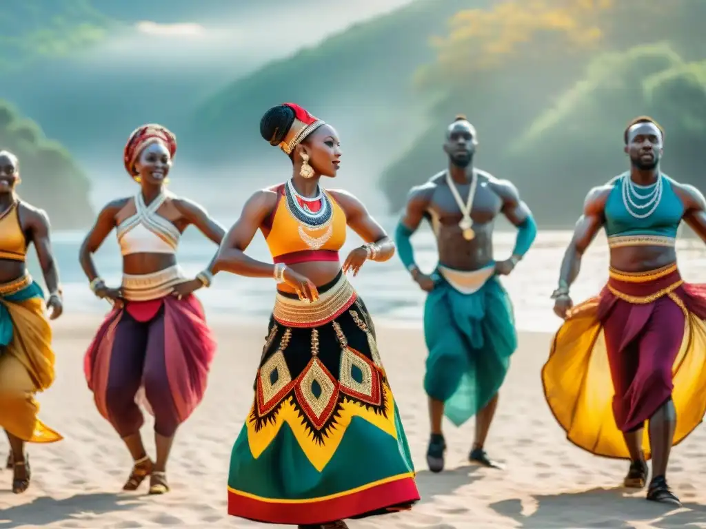 Brillante danza africana siglo XXI: baile enérgico y colorido al aire libre con espectadores diversos