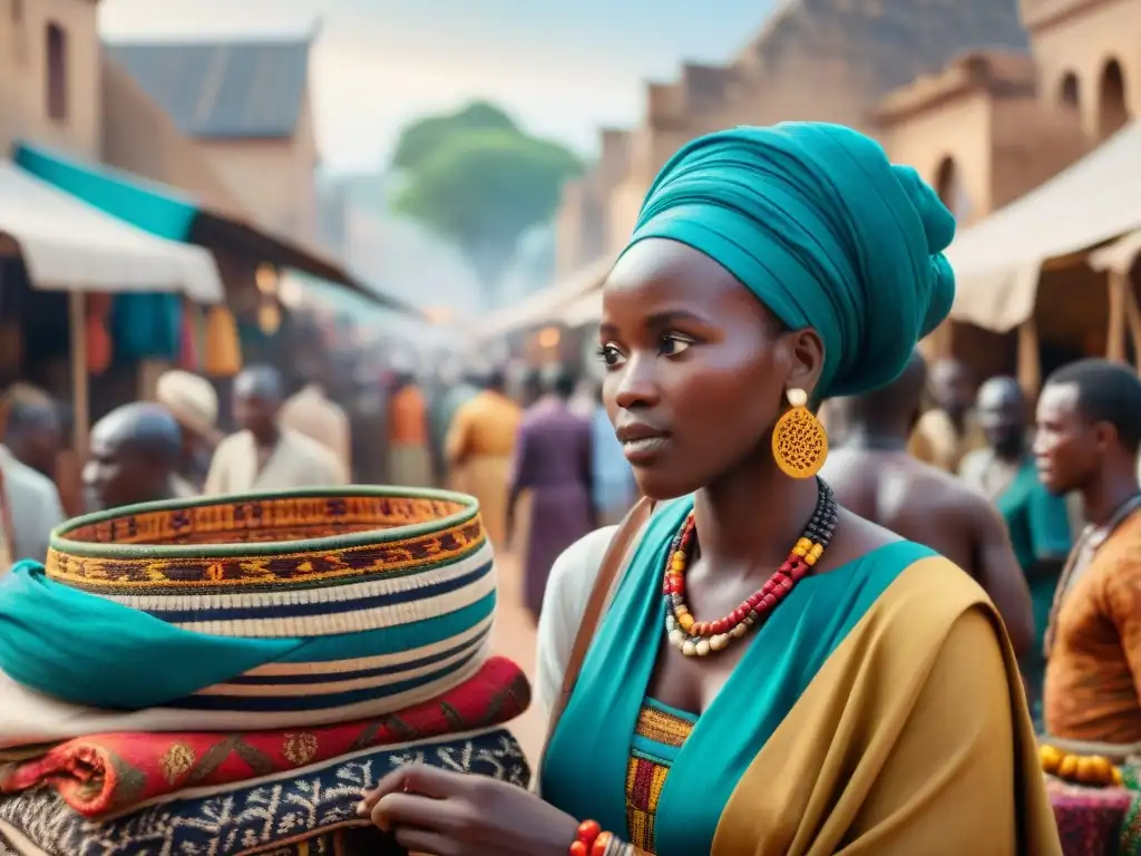 Una bulliciosa escena en un mercado africano antiguo, reflejando la riqueza cultural y las interacciones sociales en África precolonial